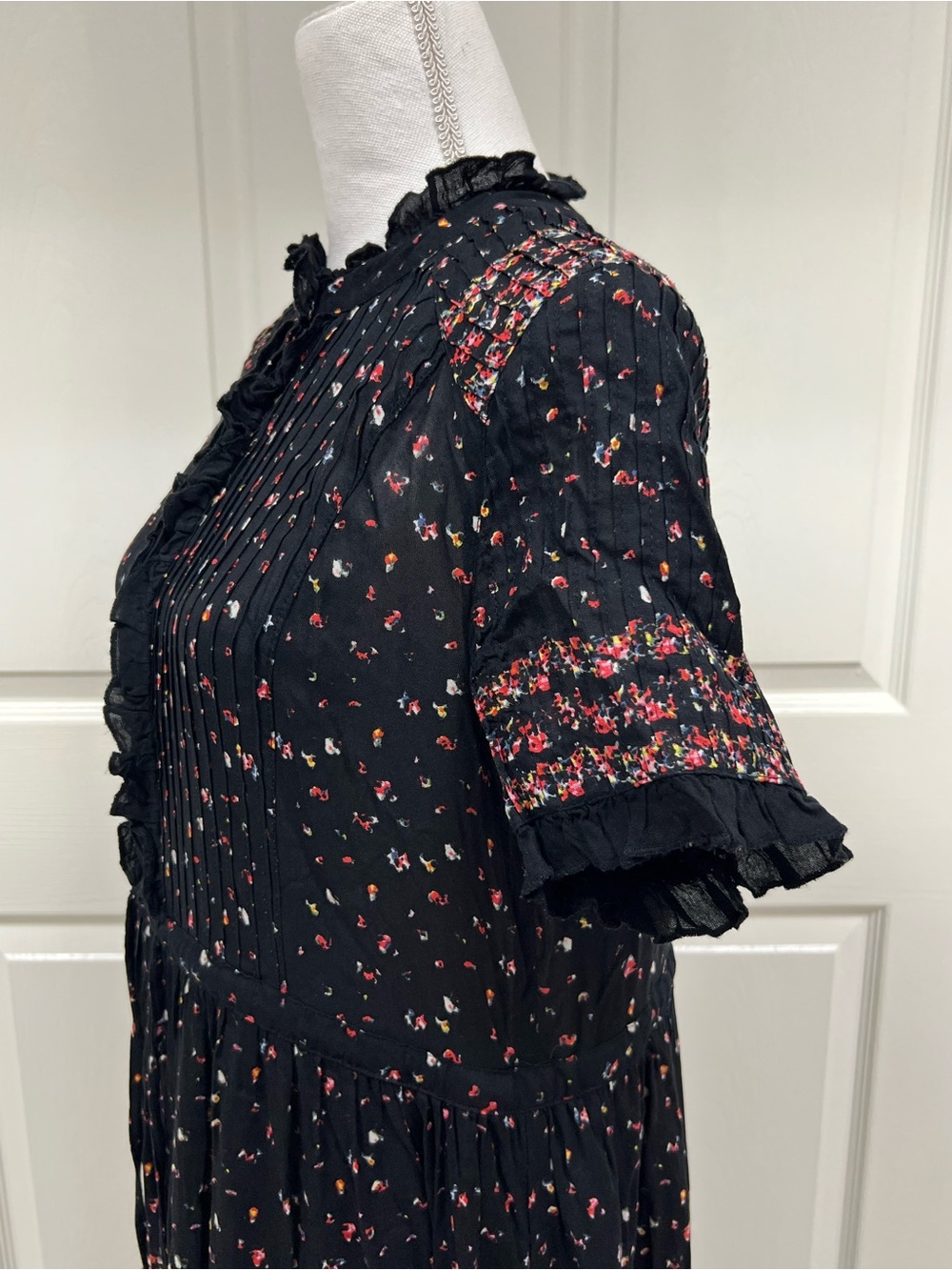 Free People Rare Feelings Black Floral Print Tiered Pleated Maxi Dress Size L - Picture 9 of 14